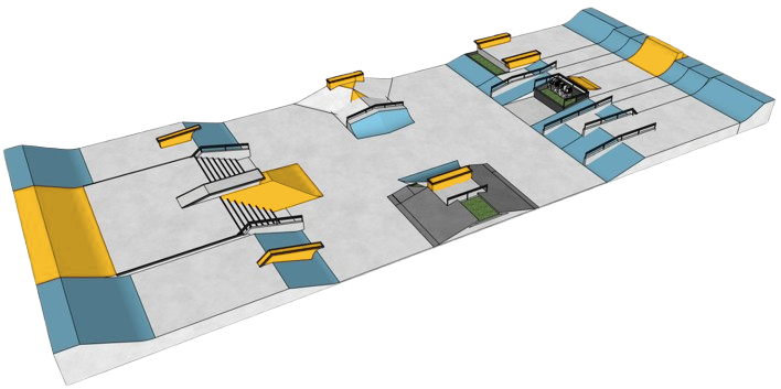 3D render of a street skate park layout with stairs, rails and ledges, designed by SkateFacilities